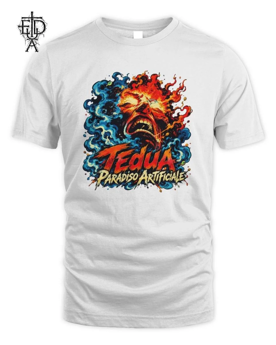 Maglietta Tedua Volto di Fuoco Fiamme Fumo T-Shirt 1 Maglietta Tedua Paradiso Artificiale Unisex Standard T-Shirt